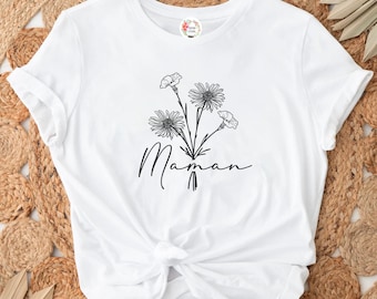 T shirt personnalisé  pour maman - t shirt maman avec fleurs et prénoms - Cadeau de fête des mères - T-shirt fête des grand-mères