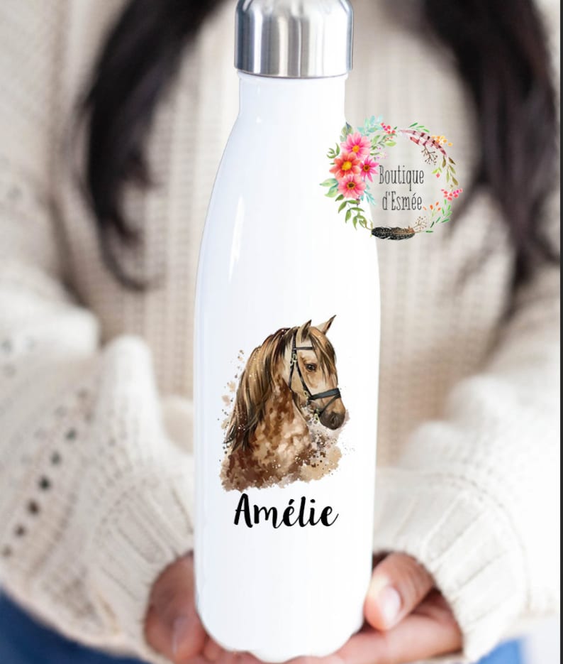 Bouteille inox personnalisée cheval , gourde isotherme à personnaliser, cadeau enfant cheval, gourde avec cheval, équitation Blanc