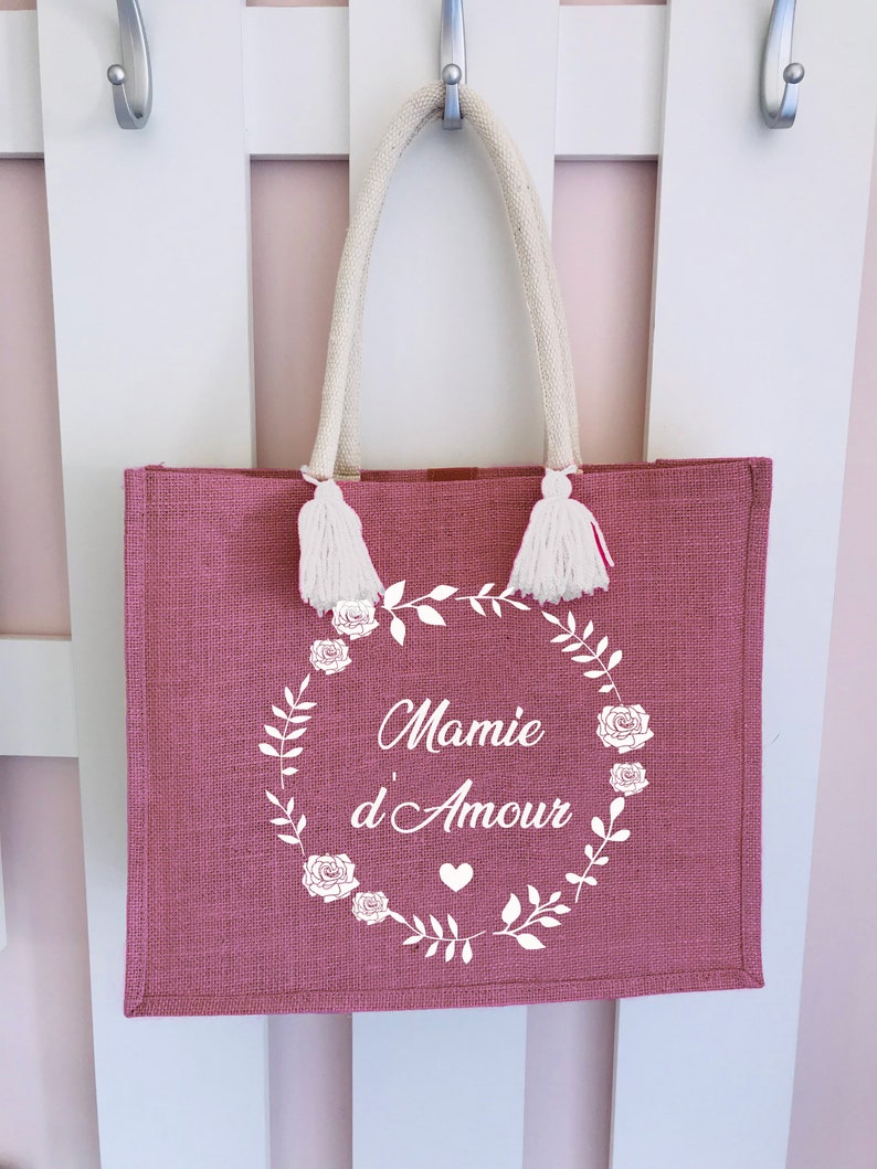 Sac en jute personnalisable avec roses Sac en jute personnalisé avec texte Cadeau personnalisé mamie-mamanfête des grand-mères imagem 5