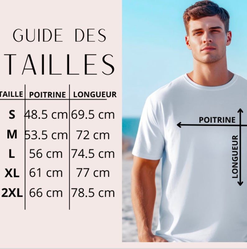 K&ouml;nnte beinhalten: Ein wei&szlig;es T-Shirt mit einer franz&ouml;sischen Gr&ouml;&szlig;entabelle. Die Tabelle zeigt Brust- und L&auml;ngenma&szlig;e in Zentimetern f&uuml;r die Gr&ouml;&szlig;en S bis 2XL. Das Model tr&auml;gt das T-Shirt.