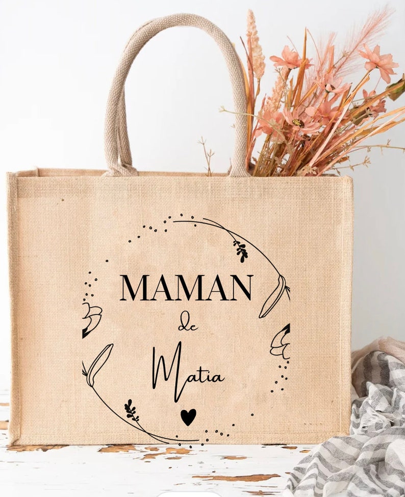 Sac en jute Maman d'Amour Cadeau maman sac personnalisé maman Cabas pour maman Cadeau maman cadeau fêtes des mères-sac de courses image 1