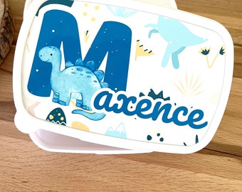 boite a gouter personnalisée-école-maternelle-luch box avec prénom-boite à gouter thème dinosaure