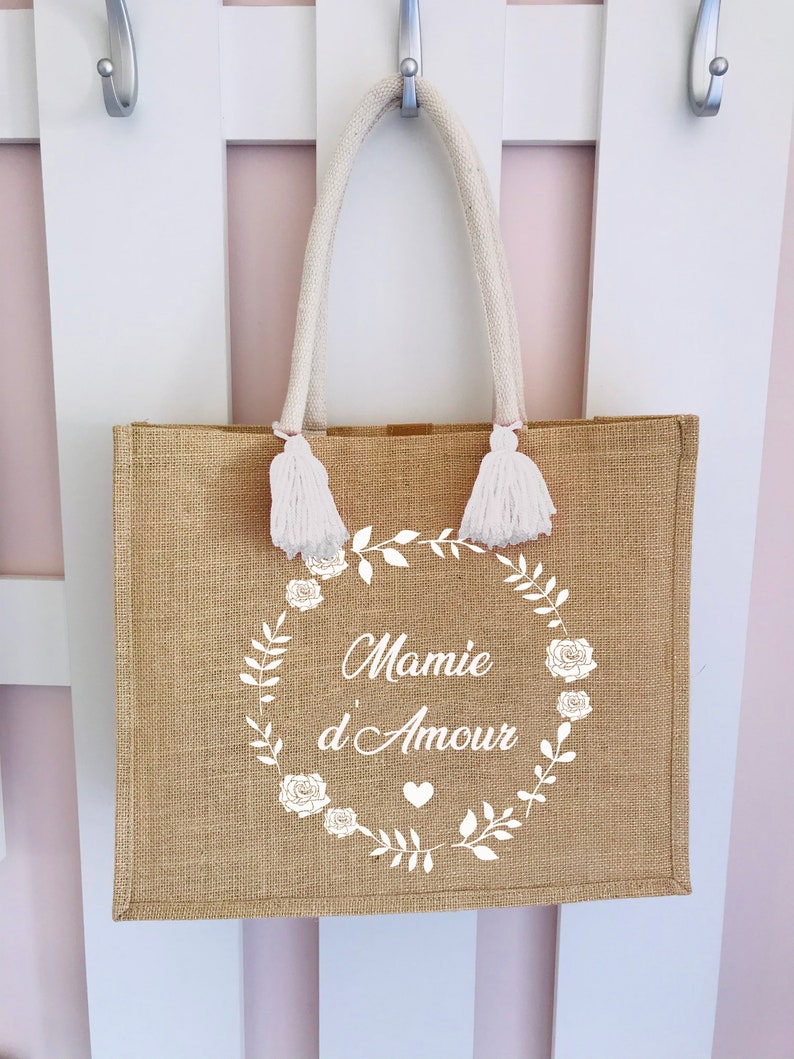 Sac en jute personnalisable avec roses Sac en jute personnalisé avec texte Cadeau personnalisé mamie-mamanfête des grand-mères imagem 1