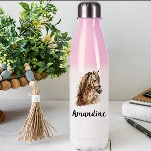 Bouteille inox personnalisée cheval , gourde isotherme à personnaliser, cadeau enfant cheval, gourde avec cheval, équitation blanc rose