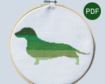 Green Ombre Dachshund Silhouette Cross Stitch Pattern