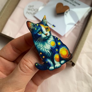Wooden cat brooch, starry night Van Gogh, inspired design