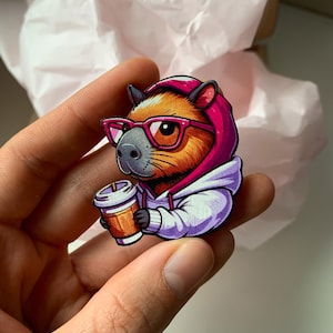 Wooden capybara brooch - Gift for coffee lover - Unique gift for capybara lovers