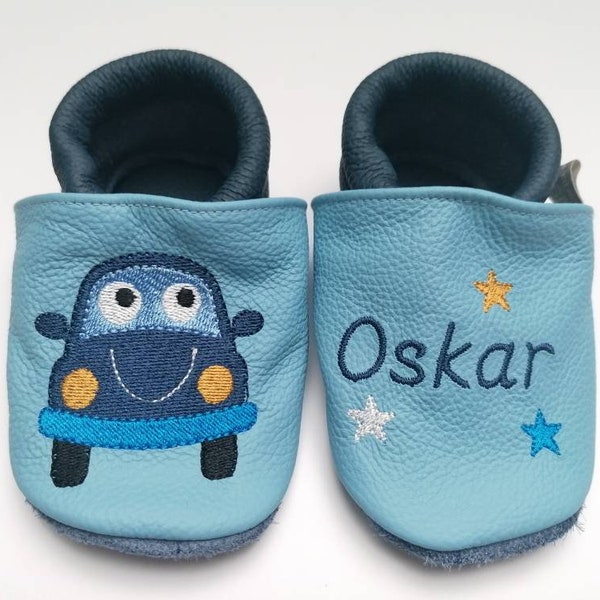 Lederpuschen, Krabbelschuhe, Lauflernschuhe, Babyschuhe mit Auto und Namen