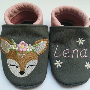 Crawling shoes, first walker shoes, leather slippers, slippers, baby shoes with deer, fawn and name (with flowers)