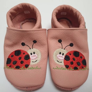 Size 23, leather slippers, crawling shoes, first walker shoes, baby shoes with ladybugs, ladybugs