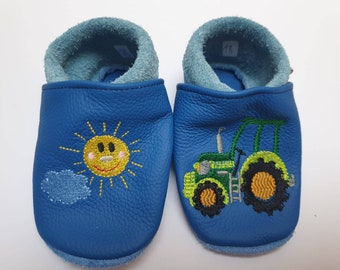 Größe 18, Lederpuschen, Krabbelschuhe, Lauflernschuhe, Babyschuhe mit Traktor, Sonne