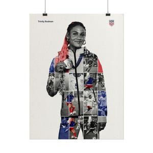 May include: A poster featuring Trinity Rodman, a soccer player, holding a silver medal. The poster has a collage of action shots of her in a soccer uniform. The text "Trinity Rodman" is at the top left, and the USA logo is at the top right.