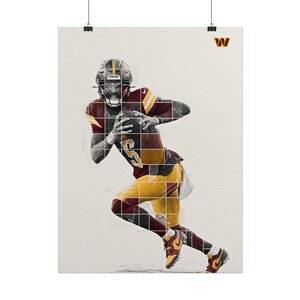 Pôster artístico de Jayden Daniels, arte de parede do time de futebol americano Commanders, impressão de quarterback da NFL, presente para fãs de esportes, decoração de quarto