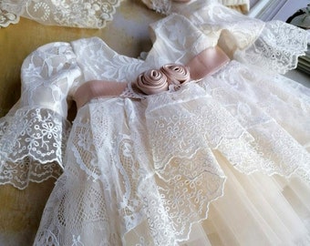 White Lace and Tulle Baby Girl Dress with Headband, Toddler Christening Dress, Girl Baptism Dress, Communion Dress