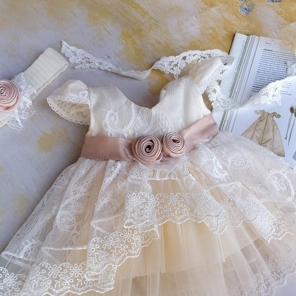 Baby Girl White Lace and Tulle Dress with Headband, Toddler Party Dress, Baby Pageant Dress, First Birthday Dress