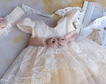 Vestido de tul y encaje blanco para niña con diadema, vestido de fiesta para niños pequeños, vestido de desfile de bebés, vestido de primer cumpleaños