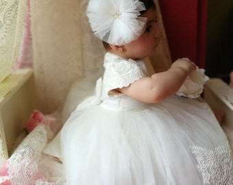 Christening gown, Baby Girl White Tulle and Lace Dress with Train, Princess Dress with shorts sleeves for baptism