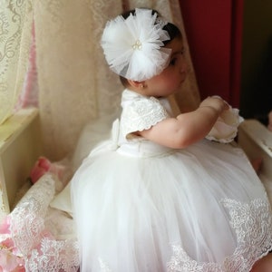 Christening gown, Baby Girl White Tulle and Lace Dress with Train, Princess Dress with shorts sleeves for baptism