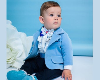 Traje de bebé de terciopelo azul: conjunto de bautizo de 5 piezas