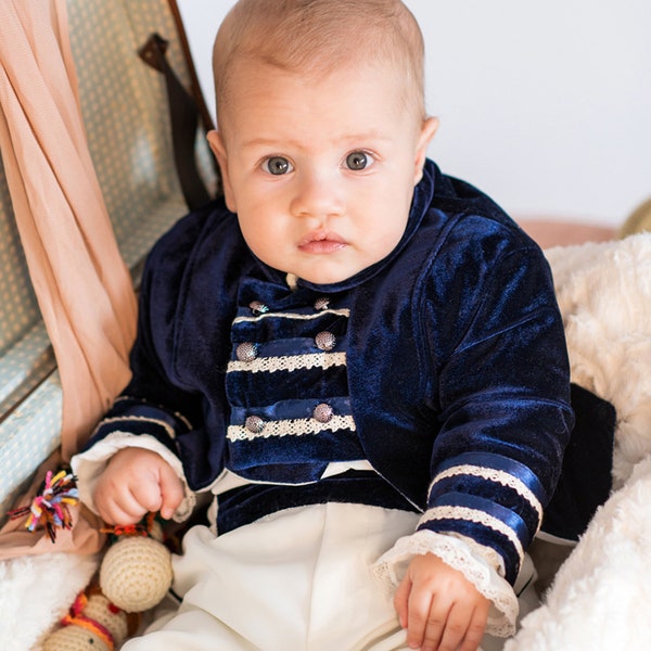 Blue Velvet Baby Boy Frock Coat Set, Baby Boy Costume, Boy Wedding Outfit, Ring Bearer Suit, Page Boy Outfit