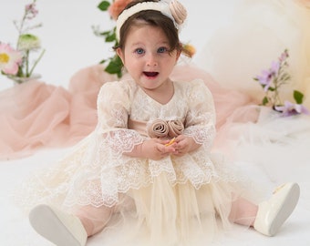 Ivory Lace Tulle Baby Dress with Rose Headband: Christening Baptism Gown