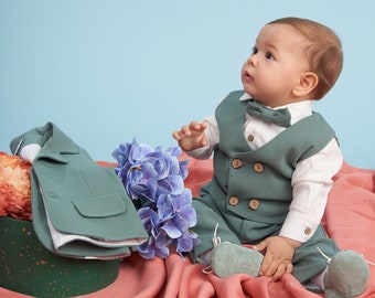 Complete Suit with Vest, Jacket, Shirt, and Pants in Mint Suiting, Baby first suit, Wedding suit, First Birthday boy suit, Boy Christening