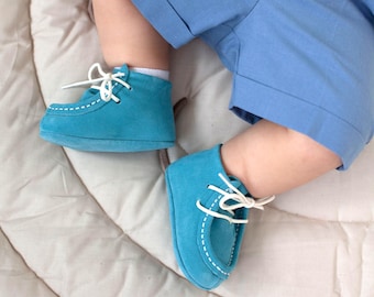 Leather Blue Loafers | Baby shoes | Baptism Christening Baby  | Gift Infant Moccasins | Baptism Boy | Leather Loafers