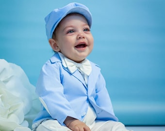 Blue Cotton Baby Suit Set: Christening Outfit with Bowtie