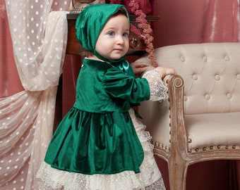 Green Velvet and Lace Baby Party Dress, Flower Girl Dress, Girl Wedding Dress, Baby Birthday Dress, Photoshoot Dress