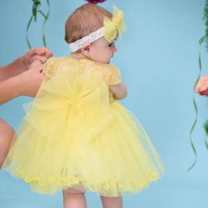 Baby Girl dress Special Occasion | Tulle flower girl dress | Yellow sequins girls dress | Kids dress with big bow