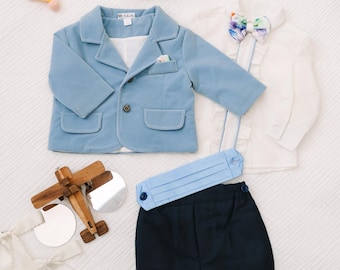Blauer Samt Babyanzug: 5-Teiliges Tauf-Outfit