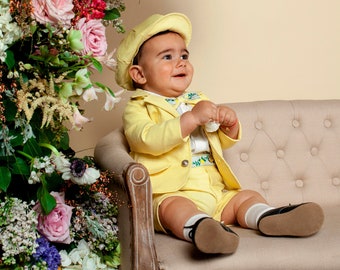 Baby Boy Light Yellow Linen Shorts and Blazer Suit Set, Boys Easter Outfit, Boys Birthday Suit, Baby Christening Outfit, Lemon Yellow