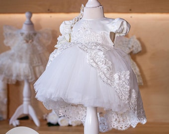 White Tulle Baby Girl Princess Dress with Train, Baby Party Dress, Photoshoot Dress, Christening Dress, Baptism Dress