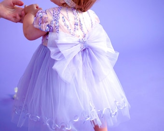 Robe de demoiselle d'honneur lavande | Robe de premier anniversaire | Robe de demoiselle en satin Princesse | Robe de demoiselle en tulle | Robe enfant avec gros noeud