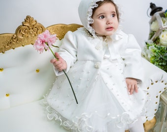 Delicate Ivory Set for Your Little Angel's Special Day, Olympia Style, Elegant Dress, Cozy Coat,  Charming Bonnet Set