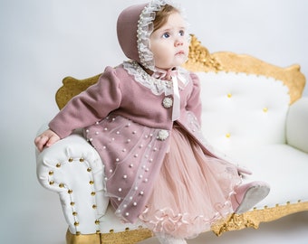 Delicate Set for Your Little Angel's Special Day, Olympia Style, Elegant Dress, Cozy Coat,  Charming Bonnet Set