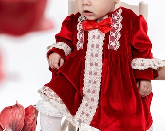 Robe pour enfant, tenue de luxe en velours rouge de style vintage pour toute-petite fille, tenue de bébé pour bébé, séance photo pour filles