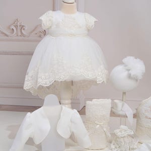 Christening gown, Baby Girl White Tulle and Lace Dress with Train, Princess Dress with shorts sleeves for baptism
