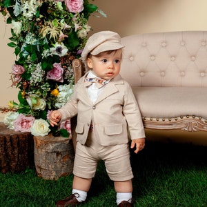 Baby Boy Beige Linen Shorts and Blazer Suit Set, Boys Easter Outfit, Baby Christening Outfit, Baby Baptism Outfit