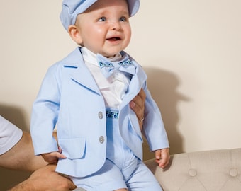 Completo di pantaloncini di lino blu e blazer per neonato, abito pasquale per ragazzi, abito di compleanno per ragazzi, abito per battesimo del bambino