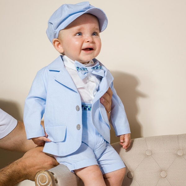 Baby Boy Blue Linen Shorts and Blazer Suit Set, Boys Easter Outfit, Boys Birthday Suit, Baby Christening Outfit