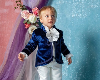 Costume du petit prince en velours bleu roi, tenue de baptême, déguisement pour garçon page, ensemble de communion pour tout-petit garçon