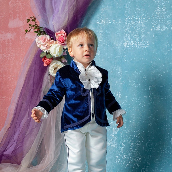 Costume Petit Prince en velours bleu royal, tenue de baptême, costume de garçon de page, ensemble de communion pour tout-petits garçons