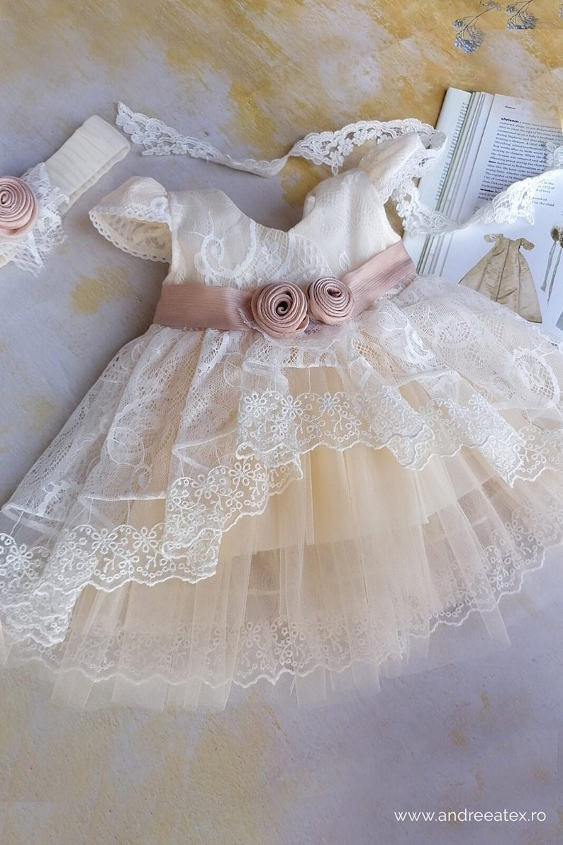 Baby Girl White Lace and Tulle Dress with Headband, Toddler Party Dress, Baby Pageant Dress, First Birthday Dress zdjęcie 1