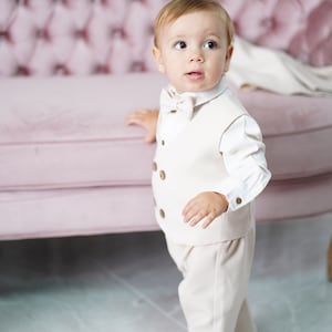 5 pc suit in Vanilla Suiting, Baby first suit, Wedding boy suit, First Birthday boy suit, Baptism, Boy Christening Iacob suit image 4