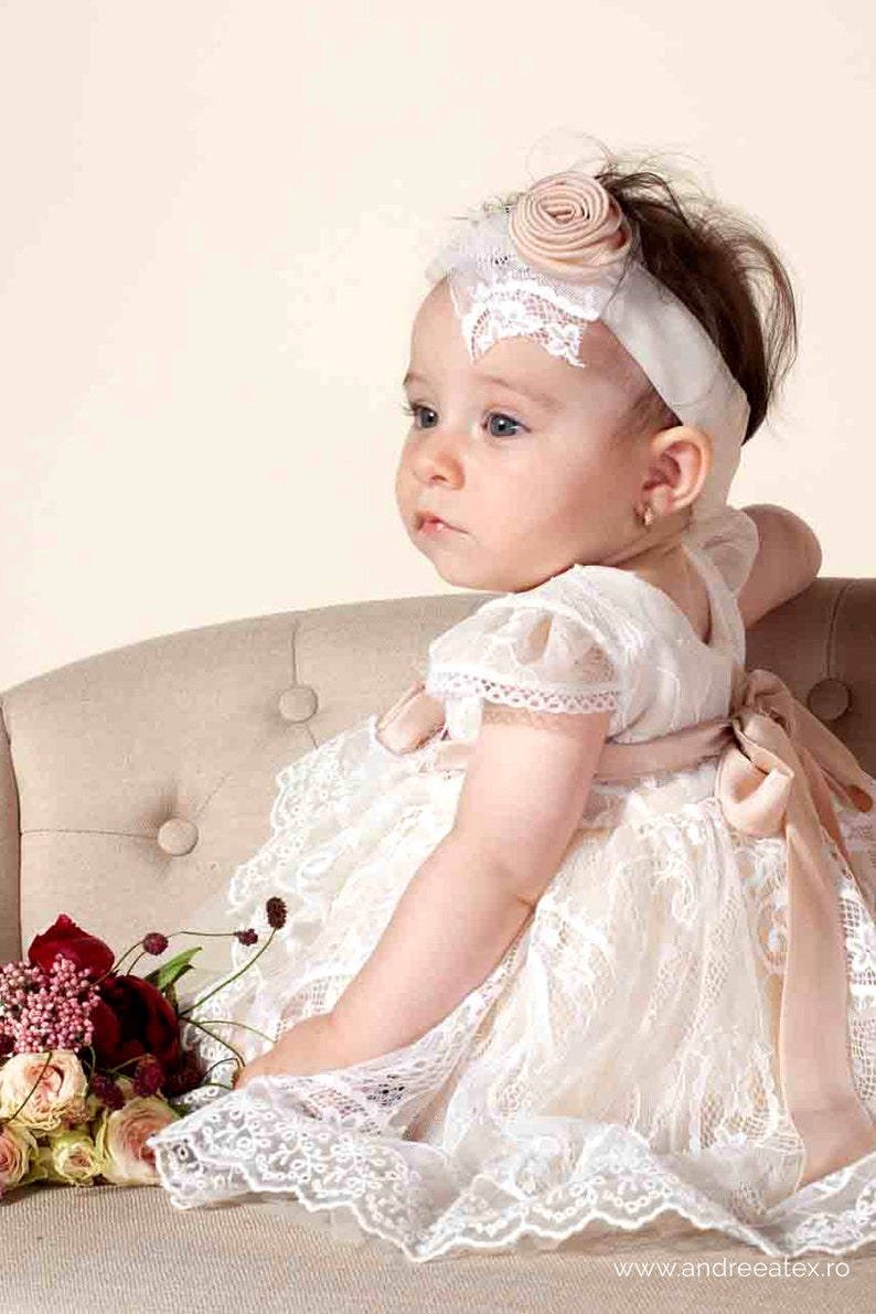 Baby Girl White Lace and Tulle Dress with Headband, Toddler Party Dress, Baby Pageant Dress, First Birthday Dress zdjęcie 2