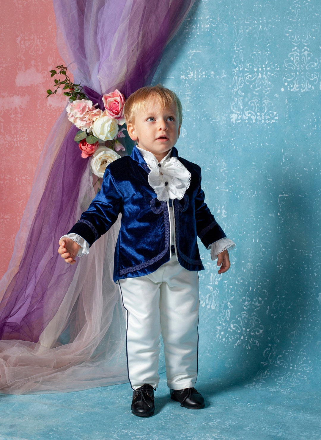 Royal Blue Velvet Little Prince Suit, Baptism Outfit, Page Boy Costume