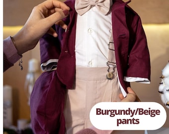 Burgundy Cotton Baby Boy Suit Set, Baby Boy Baptism Outfit, Boy Birthday Outfit, Ring Bearer Suit, Page Boy Outfit