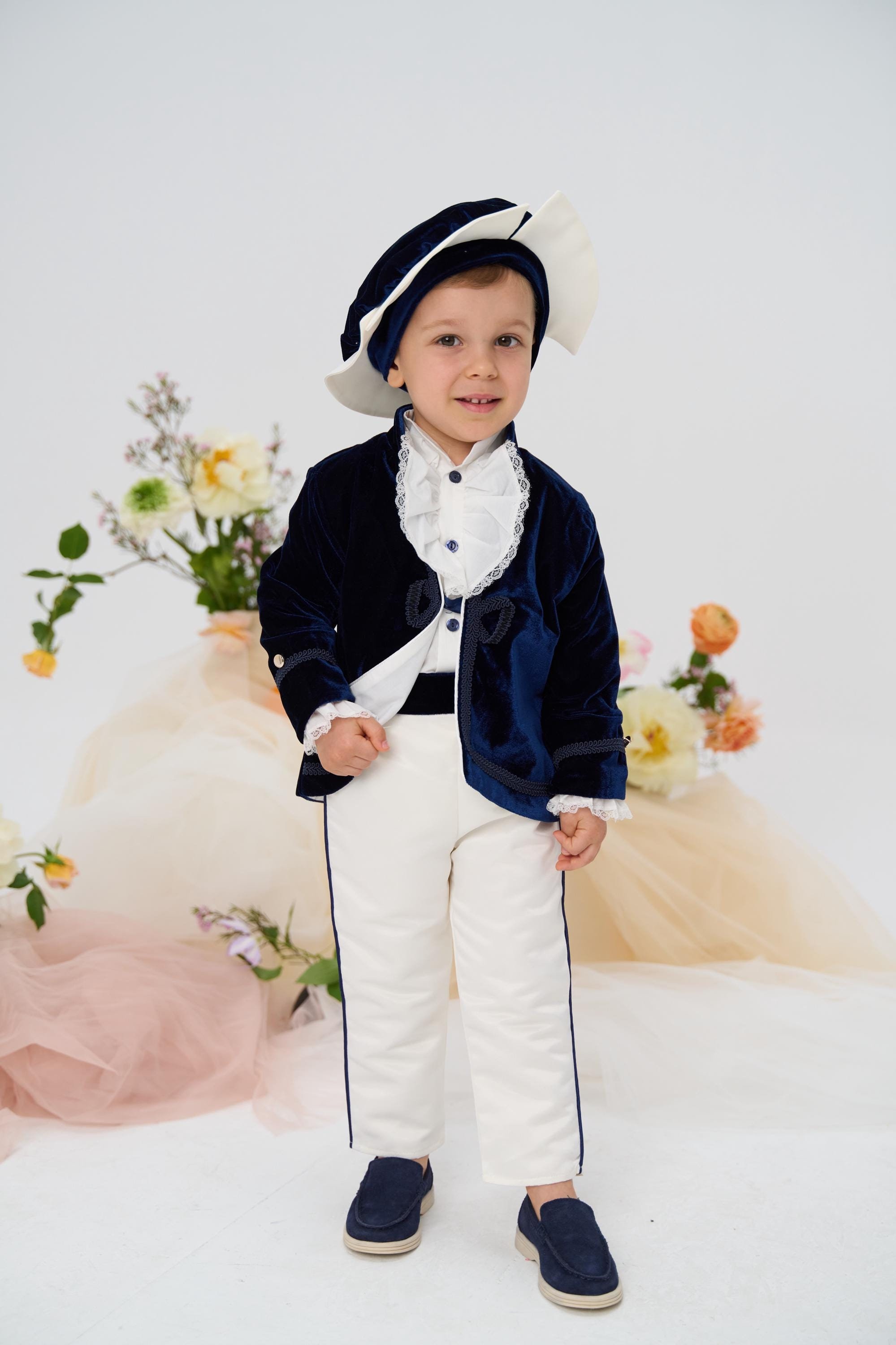 Royal Blue Velvet Little Prince Suit Boys Baptism Outfit