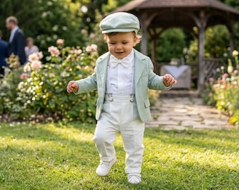 Mint Green Christening Outfit – Baby Boy Baptism Suit with Blazer & Cap